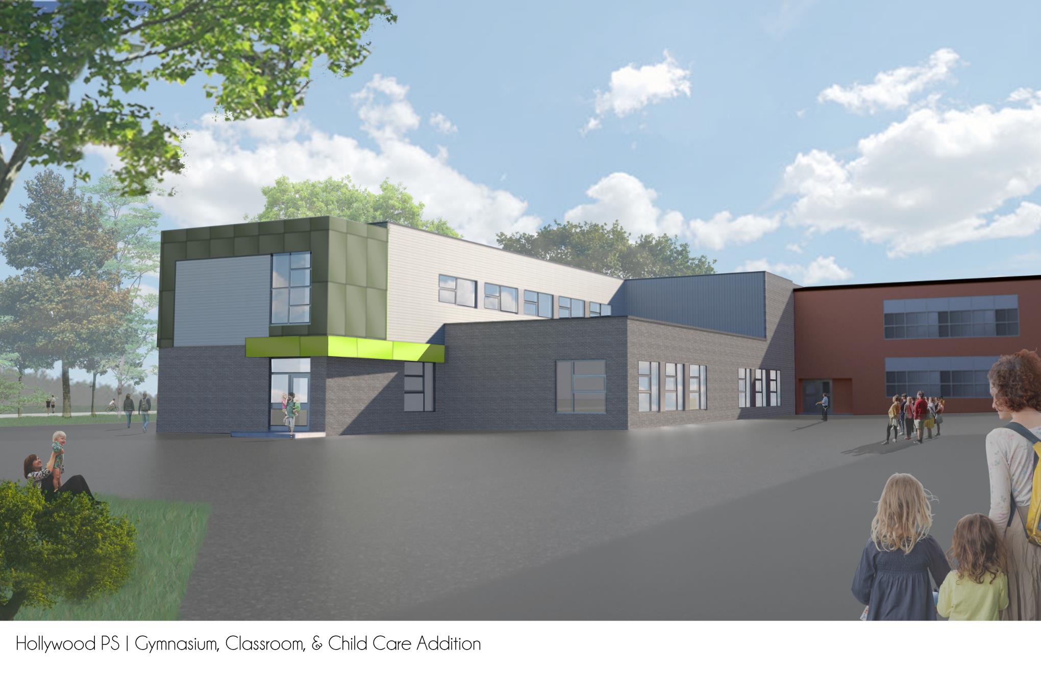 Exterior rendering depicting the classroom & childcare addition looking from the courtyard. Open Gallery